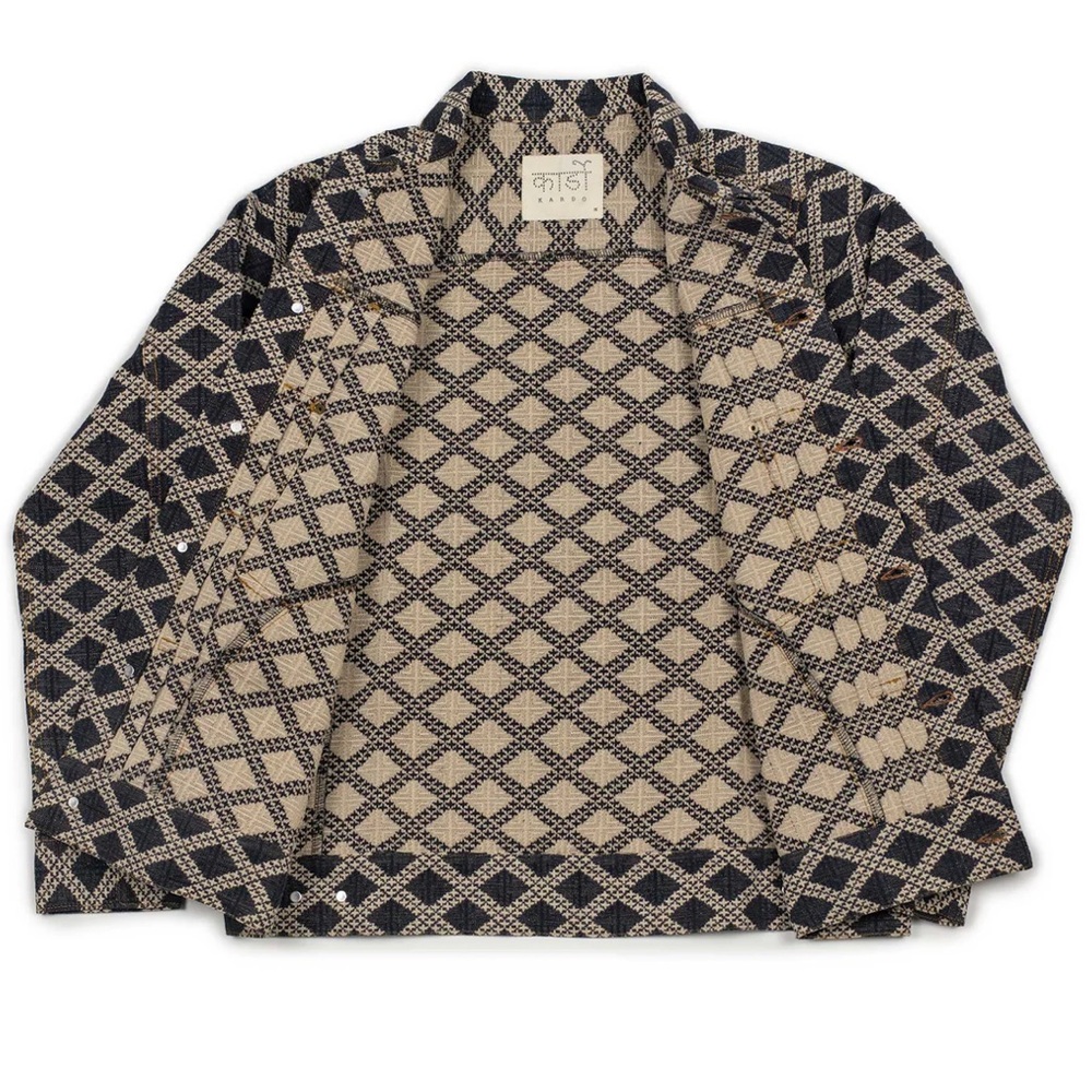 Kardo Marvin type two jacket in denim blue and ecru diamond jacquard
Size M